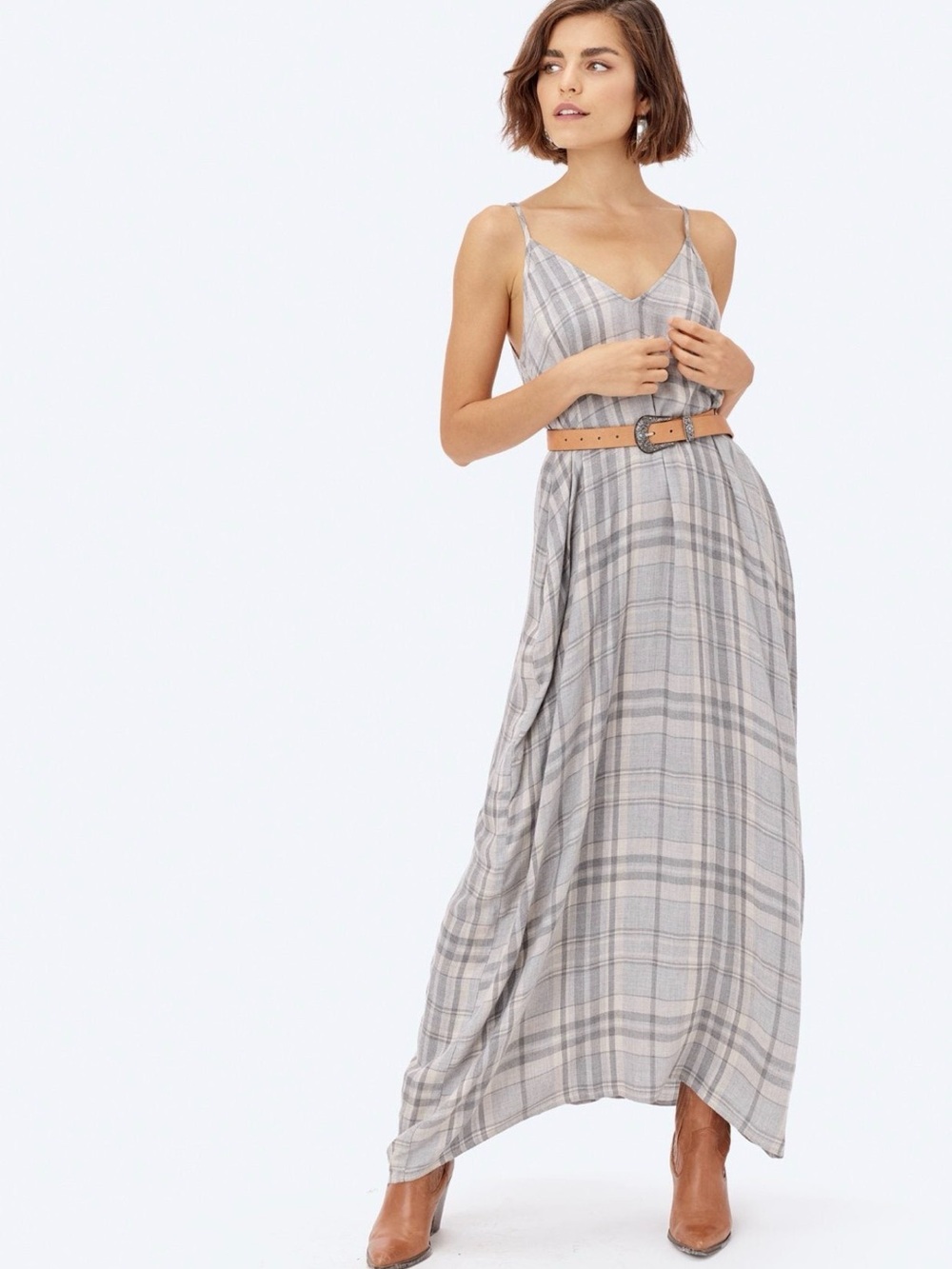lovestitch Gray Plaid Spaghetti-Strap Maxi Dress - Picture 2 of 6